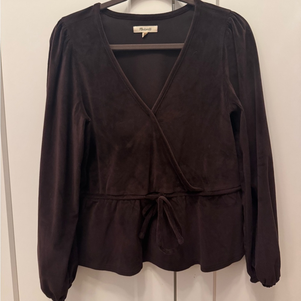 Madewell Brown Corduroy Wrap Top with Tie Detail